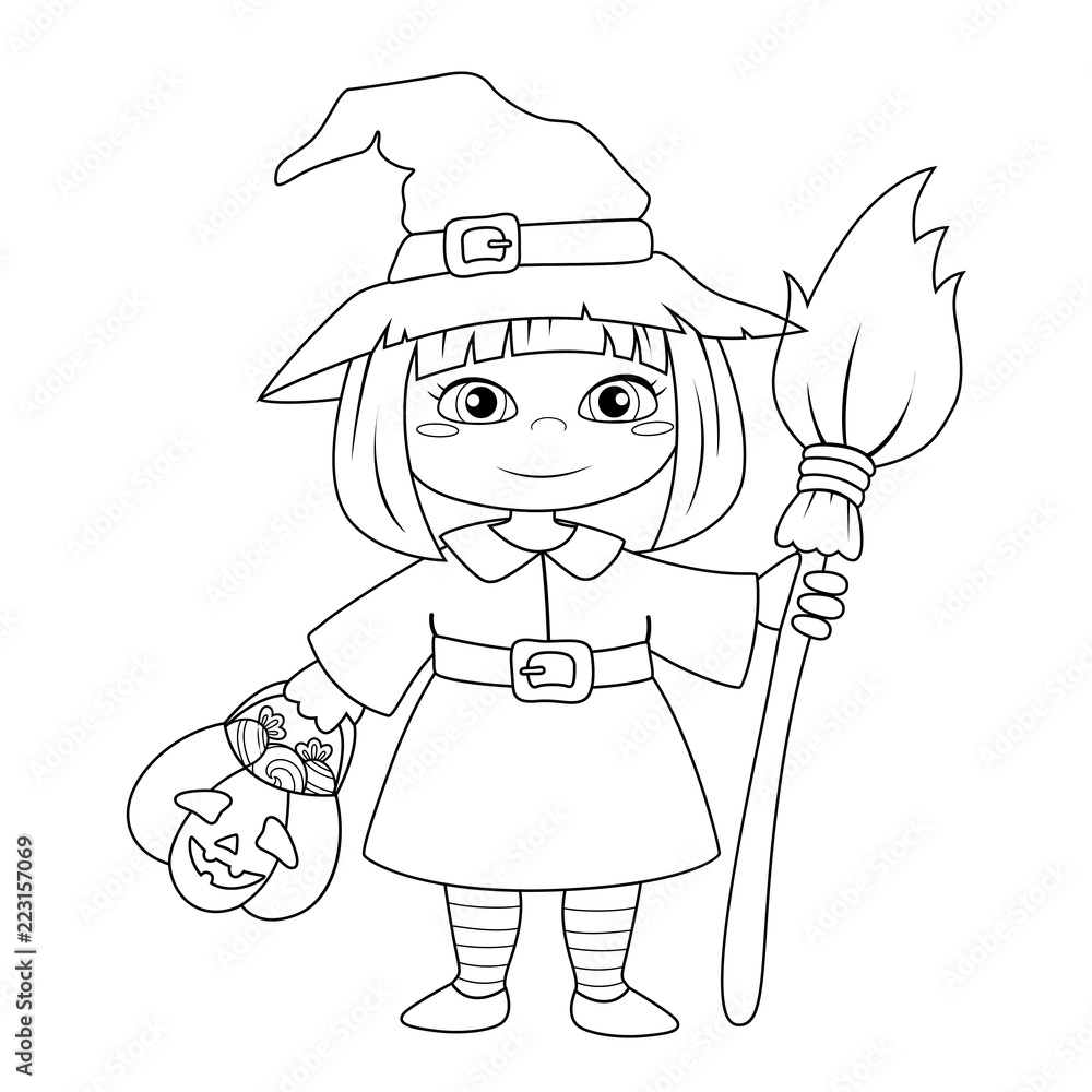 Cute little halloween witch. Black and white vector illustration for coloring book Stock Vector ...