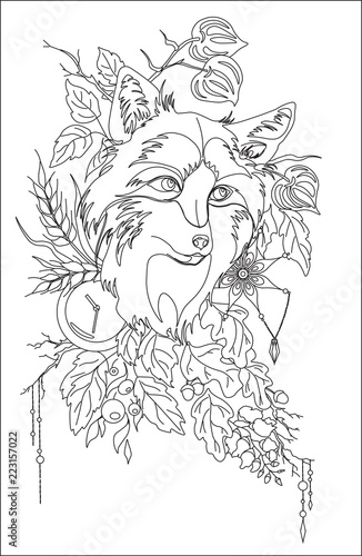 Abstract stylized tatoo fox with autumn decorations, vector illustartion isolated
