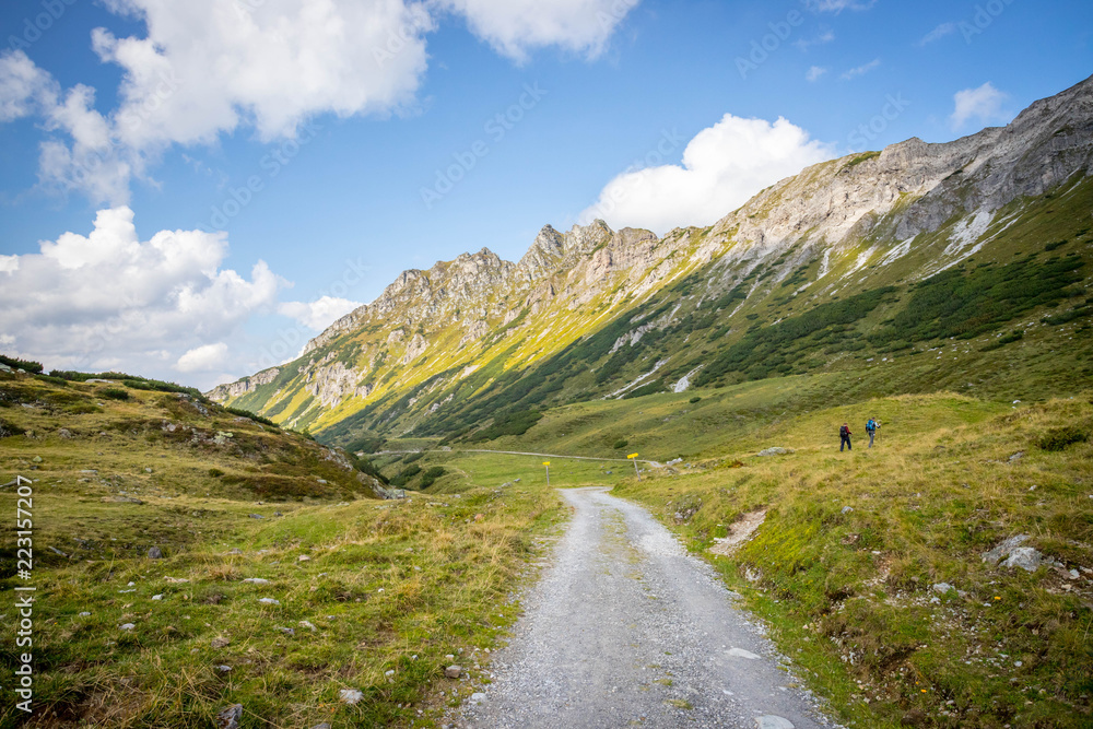 Almlandschaft in Salzburg: Wanderweg, Berggipfel, Almwiese und blauer Himmel