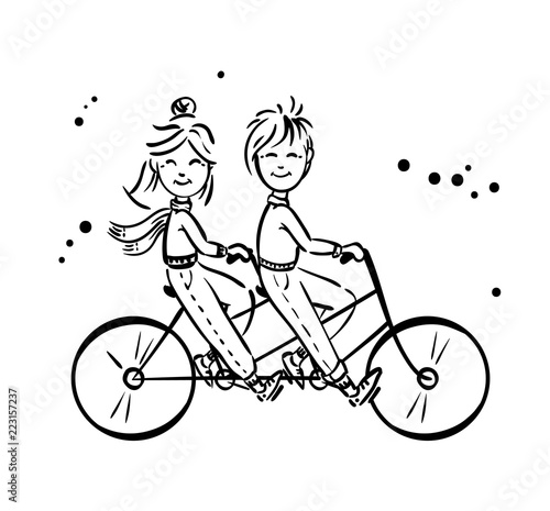 Old couple riding tandem bicycle