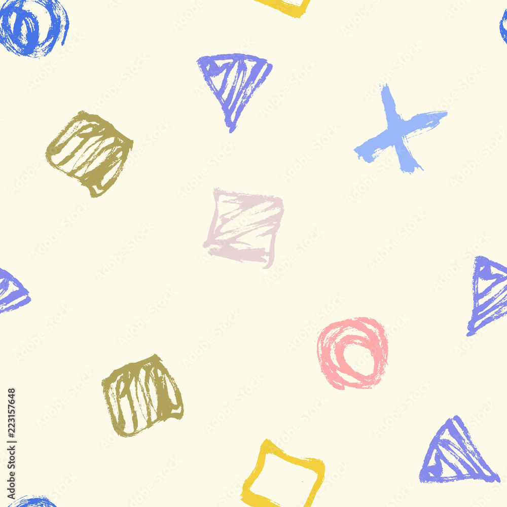 Seamless pattern. Vector abstract background. Hand drawn geometric illustration with circles triangles squares and crosses. Sketch brush strokes.