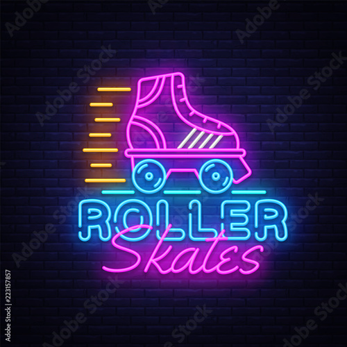 Roller Skates Neon Sign Vector. Retro quad roller skates neon logo, design template, modern trend design, night neon signboard, night bright advertising, light banner, light art. Vector illustration