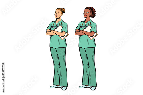 pop art nurse Caucasian and African. Medicine and health