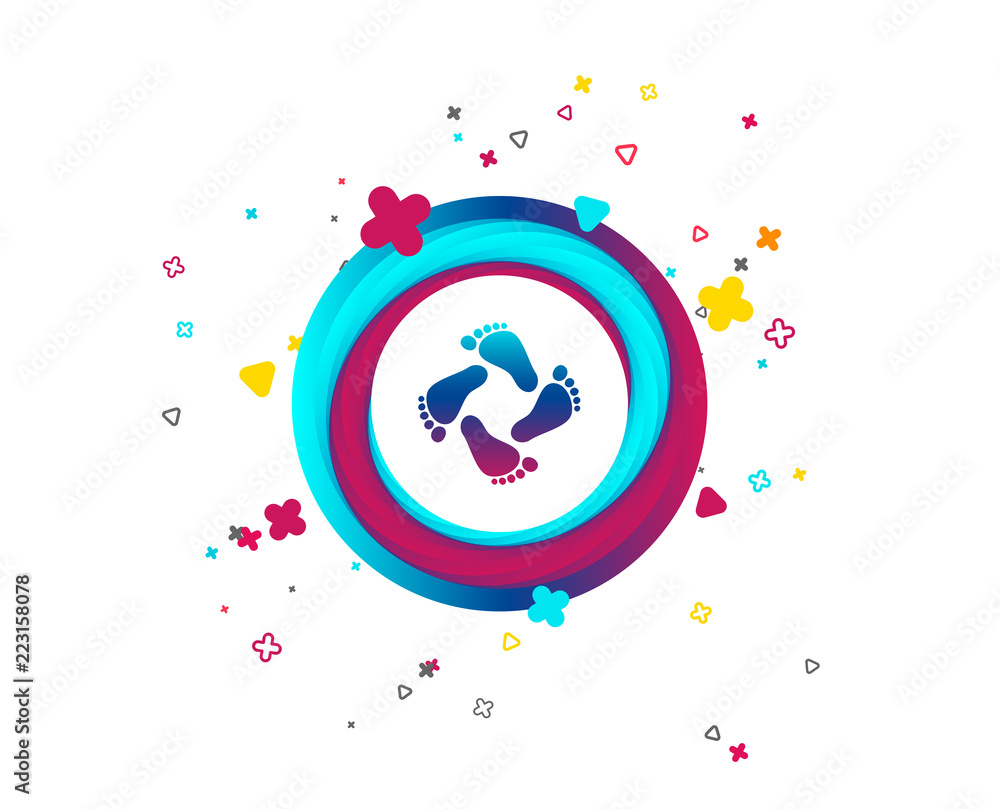 Baby footprints icon. Child barefoot steps. Toddler feet symbol. Colorful button with icon. Geometric elements. Vector Baby footprints icon. Child barefoot steps. Toddler feet symbol. Colorful button with icon. Geometric elements. Vector