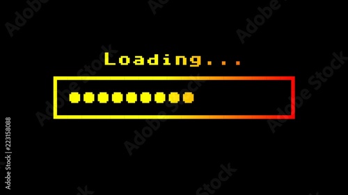Retro vintage 8-bit computer loading text with a progress bar made of round dots, with color hue (shift) from yellow to red. 