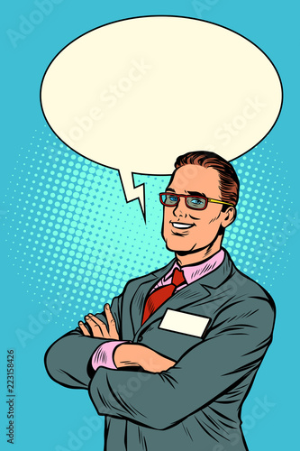Confident businessman says. Comic bubble