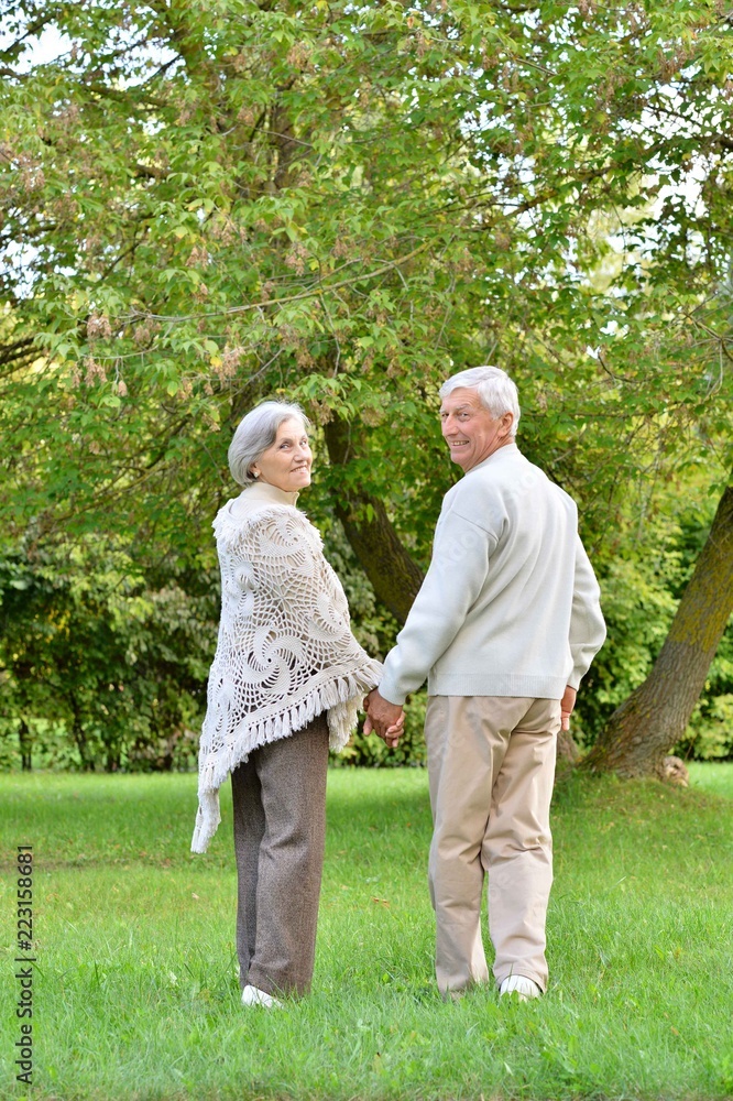 Senior couple walking in autumn park together Senior couple walking in autumn park together
