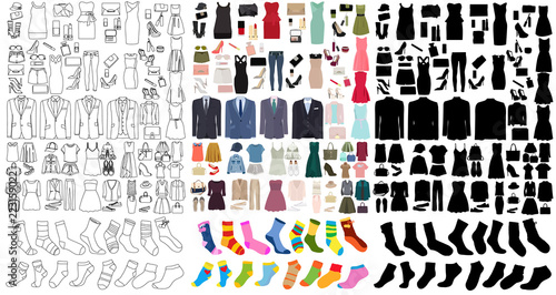 set, fashionable clothes, sketch, silhouette