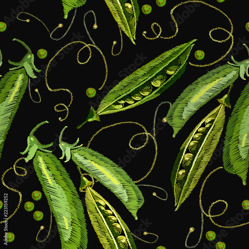 Classical embroidery vegetables pods of green peas art fashion pattern. Template for clothes, t-shirt design