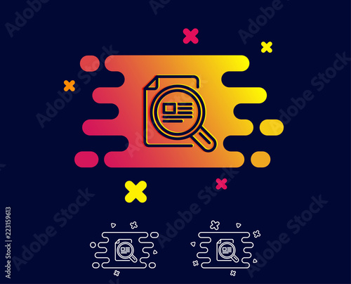 Check article line icon. Ð¡opyright sign. Magnifying glass symbol. Gradient banner with line icon. Abstract shape. Vector