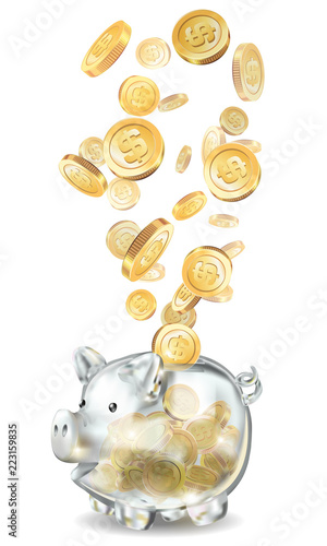 Piggy bank 3d realistic glass in vector on a white background. Coins, savings, bank, finance money cash gold dollar, the year of the pig, wealth, saving Pig piggy.