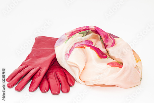 expensive silk scarf and red leather gloves