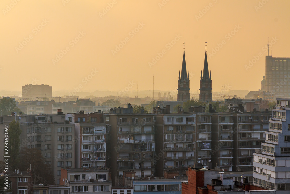Aerial sunset view over the city skyline of Antwerp, Belgium, in summer, seen from the Central Station
