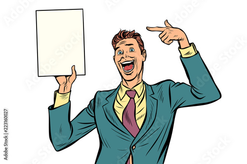 pop art Businessman points at copy space poster. Isolate on whit