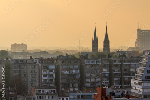 Aerial sunset view over the city skyline of Antwerp  Belgium  in summer  seen from the Central Station  
