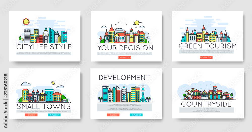 Set of city skylines and suburban different buildings in skyline. Thin line vector illustration design concept.