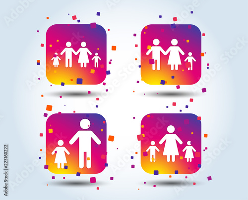 Family with two children icon. Parents and kids symbols. One-parent family signs. Mother and father divorce. Colour gradient square buttons. Flat design concept. Vector