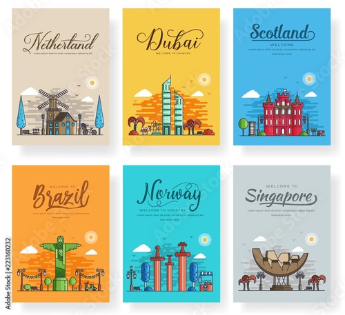 Set of outline different cities for travel destinations. landmarks culture banner template of flyer, magazines, posters, book cover, banners. Layout world architectural thin line modern pages