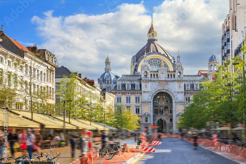 Beautiful colorful view of the historic monumental landmark Antwerp Central Station in Antwerp, Belgium, seen from the Keyserlei street in summer 