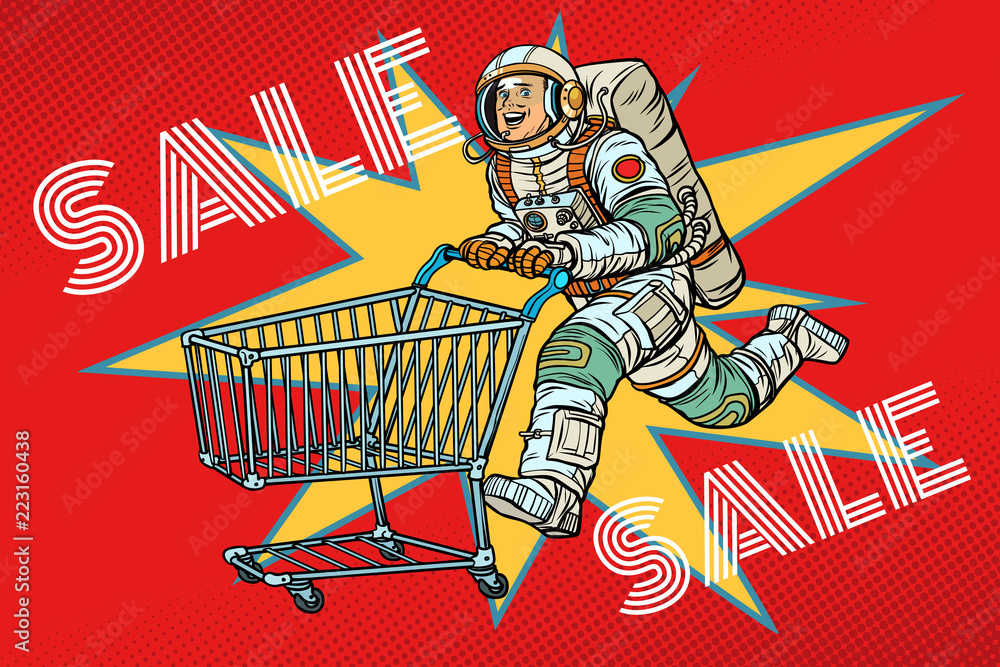 Obraz premium Astronaut on sale. shopping cart trolley