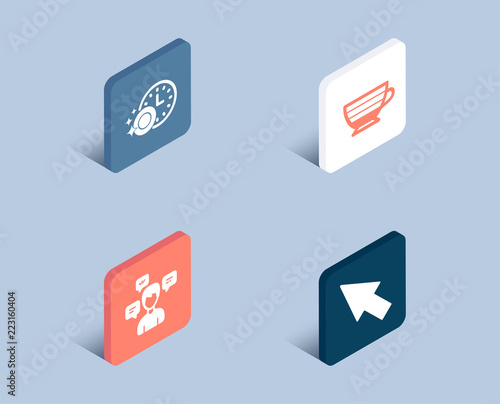 Set of Conversation messages, Dishwasher timer and Cappuccino icons. Mouse cursor sign. Communication, Cleaning dishes, Coffee cup. Click arrow. 3d isometric buttons. Flat design concept. Vector