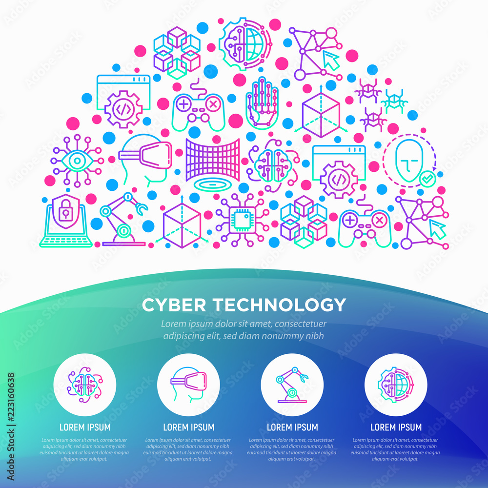 Cyber technology concept in half circle with thin line icons: ai, virtual reality glasses, bionics, robotics, global network, nano robots, blockchain. Vector illustration, web page template.