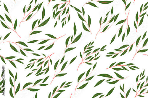 Autumn Seamless Pattern with Eucalyptus Leaves. Foliage Natural Branches. Decorative Background in Vintage Style. Seamless Eucalyptus Pattern for Fabric, Textile, Wrapping Paper, Cloth, Dress, Print. © ingara