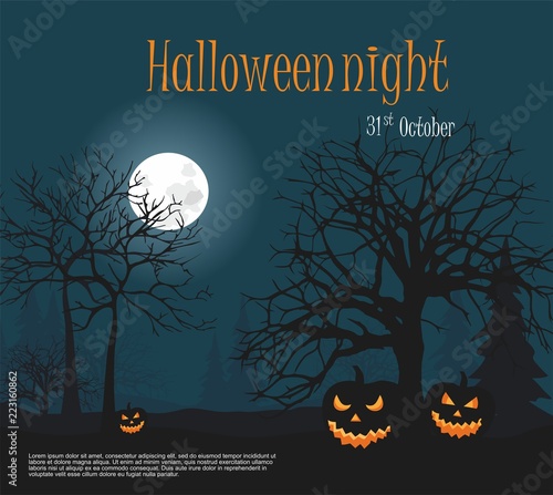 Halloween. Three Scary halloween pumpkin of the night forest  background. 