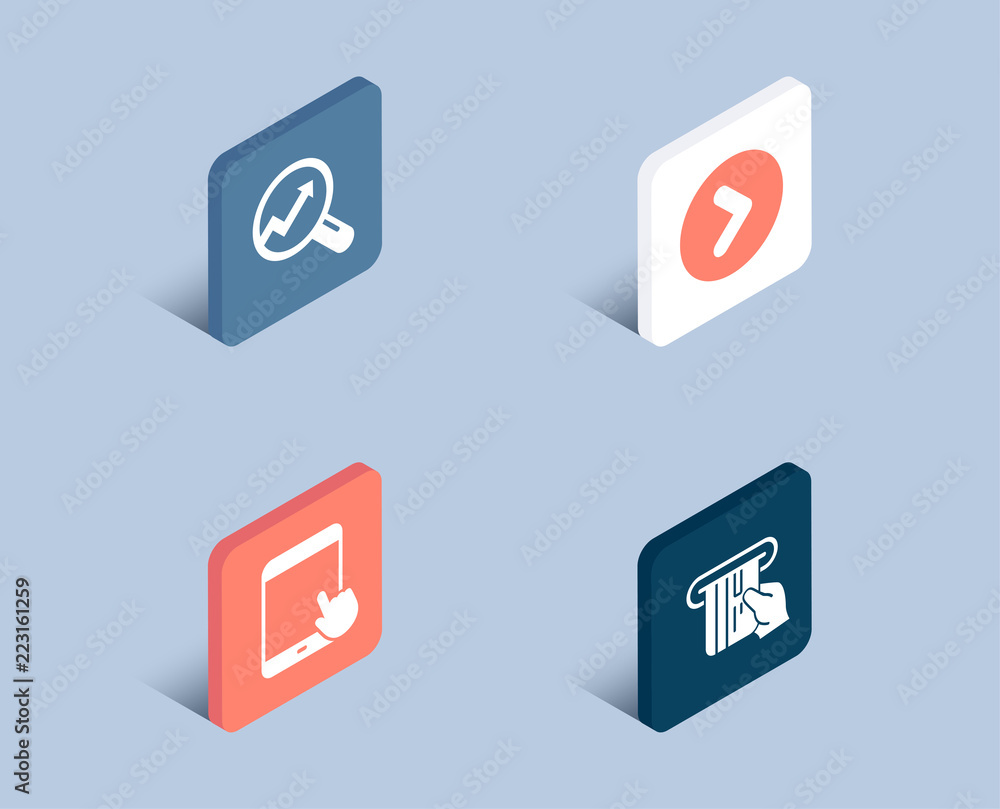 Set of Analytics, Tablet pc and Forward icons. Credit card sign. Audit analysis, Touchscreen gadget, Next direction. Atm payment. 3d isometric buttons. Flat design concept. Vector Set of Analytics, Tablet pc and Forward icons. Credit card sign. Audit analysis, Touchscreen gadget, Next direction. Atm payment. 3d isometric buttons. Flat design concept. Vector