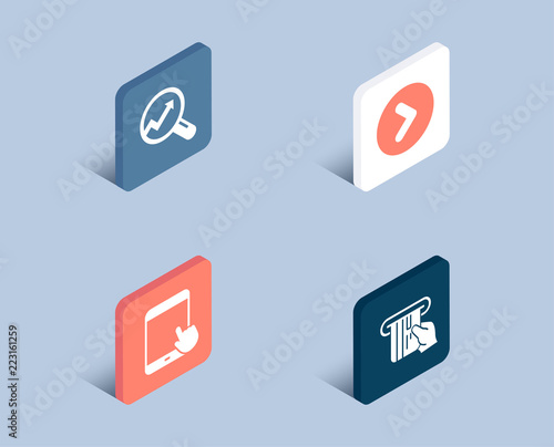 Set of Analytics, Tablet pc and Forward icons. Credit card sign. Audit analysis, Touchscreen gadget, Next direction. Atm payment. 3d isometric buttons. Flat design concept. Vector
