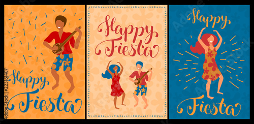 Happy Fiesta set of vector cards with dancing couple and lettering. Latina dance poster collection.