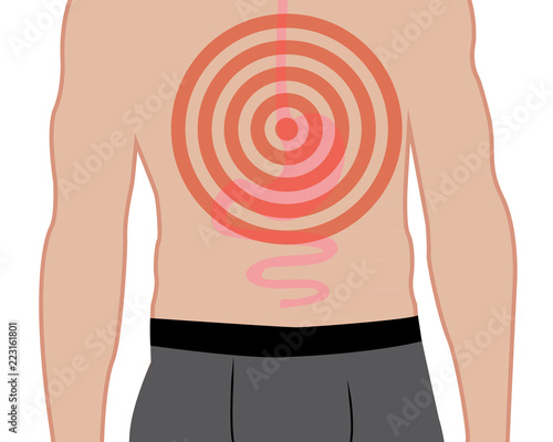 Stomach ache in Human body.  Abdominal pain.  Heartburn.  Disoder of digestive system vector illustration