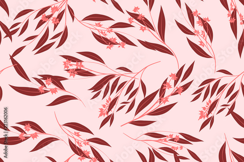 Eucalyptus Seamless Pattern. Summer Background in Pastel Color Design. Vector Branches with Leaves. Beautiful Floral Elements. Tropical Palm. Eucalyptus Seamless Pattern for Fabric, Wrapping, Print.