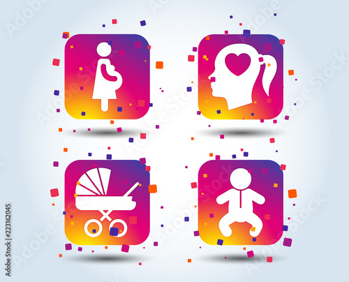 Maternity icons. Baby infant, pregnancy and buggy signs. Baby carriage pram stroller symbols. Head with heart. Colour gradient square buttons. Flat design concept. Vector