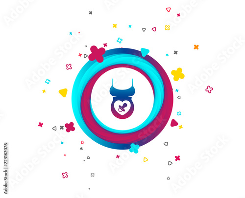 Pregnant woman shirt sign icon. Baby on board with dummy. Maternity symbol Colorful button with icon. Geometric elements. Vector