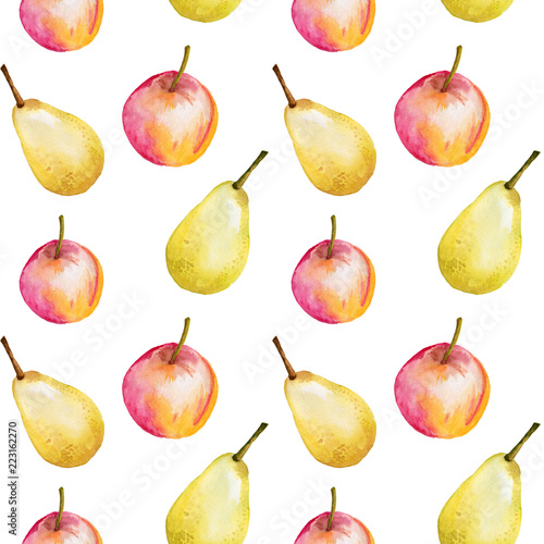 Watercolor seamless pattern with apples and pears. Hand drawn design, white background, summer fruit illustration. For the design of invitations, greeting cards, wallpapers, banners, web