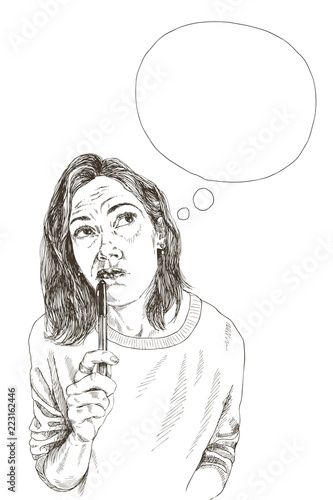 Vector portrait of attractive pensive woman thinking about something, illustration of good looking female. Person emotional face expression.