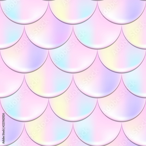 Mermaid fish scale seamless pattern with holographic effect. Iridescent mermaid vector background. Pastel pink pattern