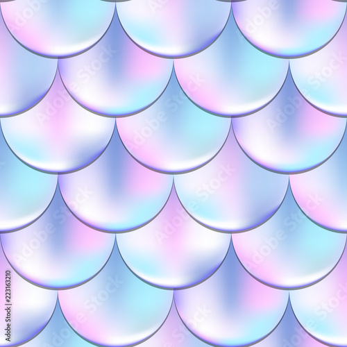 Mermaid or fish scale seamless pattern with holographic effect. Iridescent mermaid vector background.