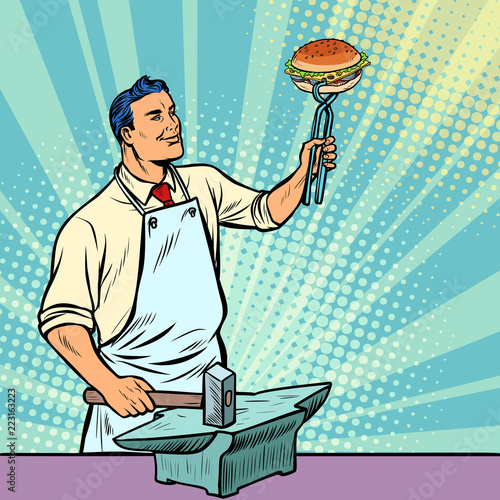 Cook blacksmith forges a Burger on the anvil