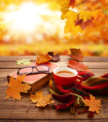 Autumn background. Autumn leaves, book and cup of tea on wooden table in park.