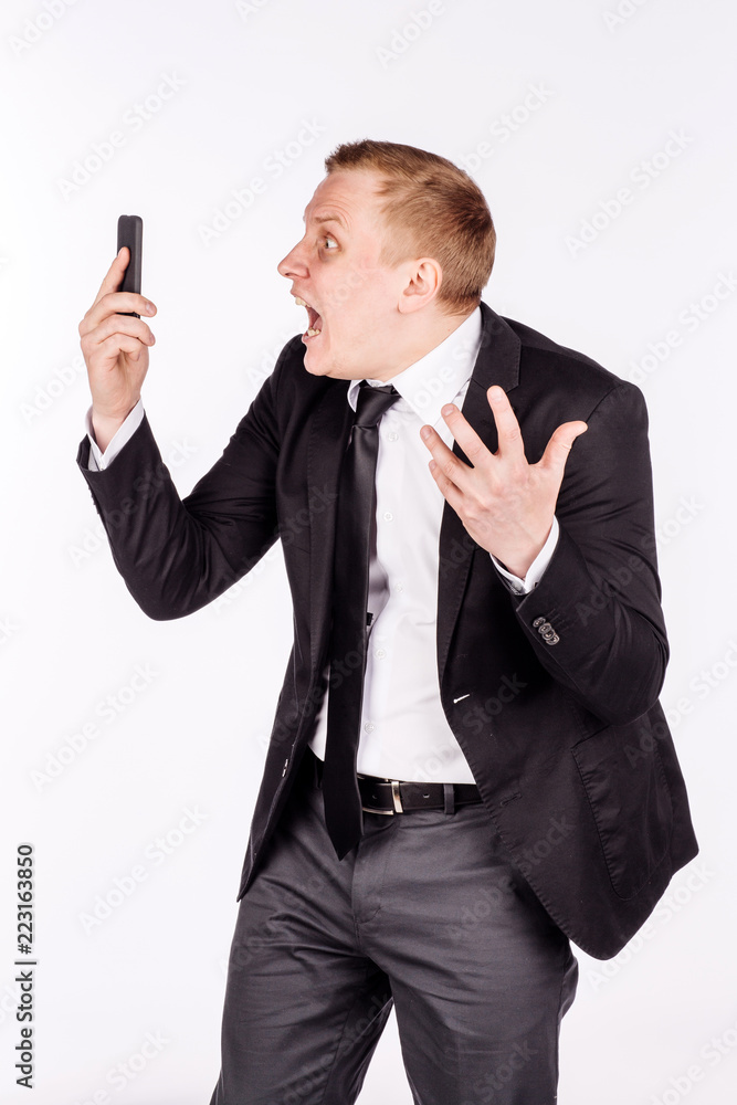 Naklejka premium man in black suit. emotions, facial expressions, feelings, body language, signs.