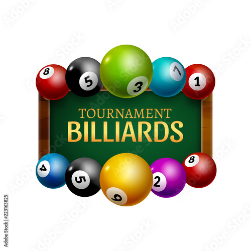 Vector Billiard challenge poster. 3d realistic balls on billiard table with lamp. Flyer design cover championship