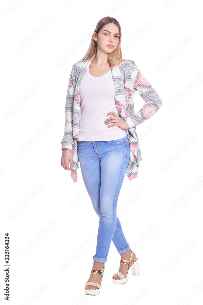 beautiful woman in blue jeans posing on white background beautiful woman in blue jeans posing on white background