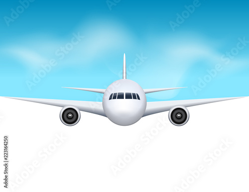 Airplane background. Commercial airliner travel concept. Plane in blue sky, civil aviation airliner design