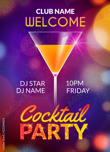 Cocktail party poster vector backgorund with alcohol drinks. Cocktail party invitation flyer design