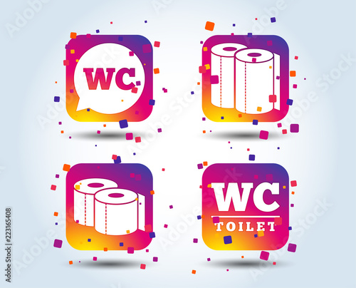 Toilet paper icons. Gents and ladies room signs. Paper towel or kitchen roll. Speech bubble symbol. Colour gradient square buttons. Flat design concept. Vector