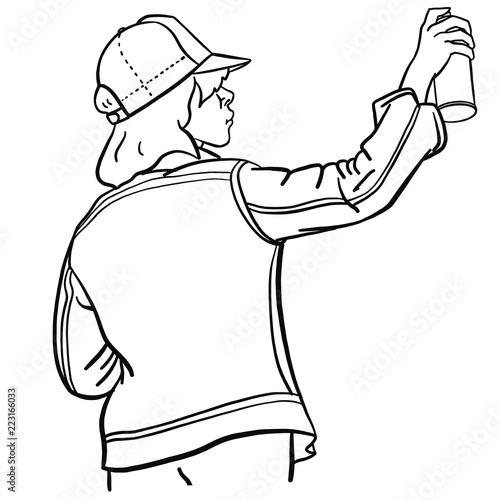 hand drawn old school hip hop girl in a retro look with a denim jacket spraying the wall with a spray can. Black, White, Outline, Comic, Vector, Eighties, Wildstyle