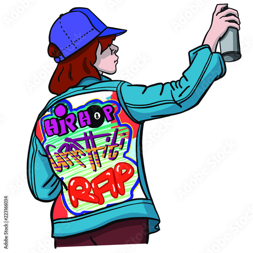 hand-drawn old-school Hip Hop girl in a retro look with a denim jacket spraying the wall with a spray can. Vector, eighties, wildstyle, backprint