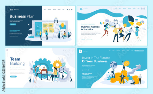 Set of web page design templates for business plan, analysis and statistics, team building, consulting. Modern vector illustration concepts for website and mobile website development. 